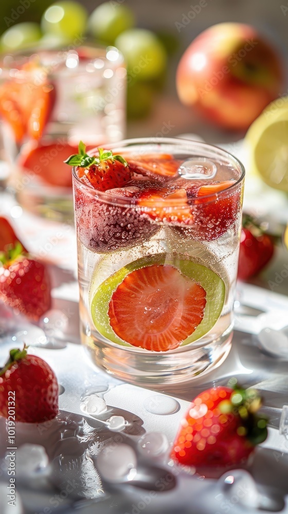 Refreshing strawberry and grape infused water glasses with sliced fruits on a bright table