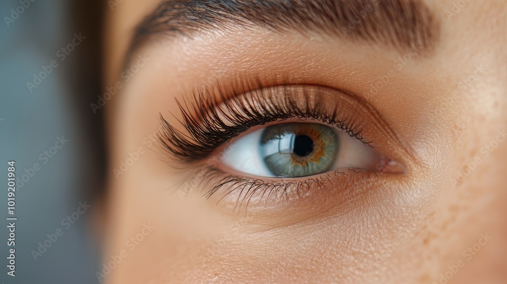 Obraz premium A close-up image of a vibrant blue eye with long eyelashes, offering an intricate view of the iris patterns and natural surrounding features of the human face.