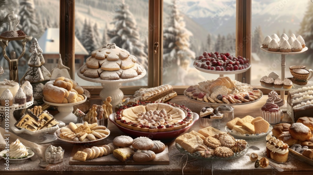 Festive Winter Dessert Table with Beautiful Pastries Festive Winter Dessert Table with Beautiful Pastries