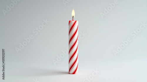 birthday candle concept image: red and white striped candle, front view, a single birthday candle placed in the center of a white background
