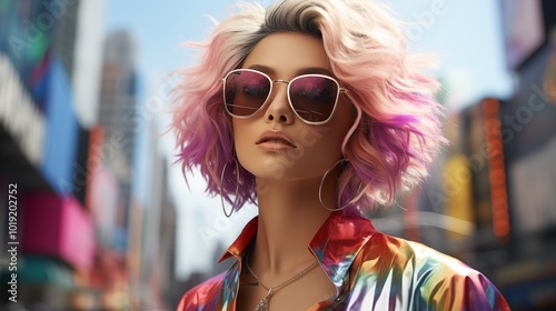 portrait of unemotional Asian woman with short dyed hair in fashionable holographic jacket and sunglasses standing on street photo