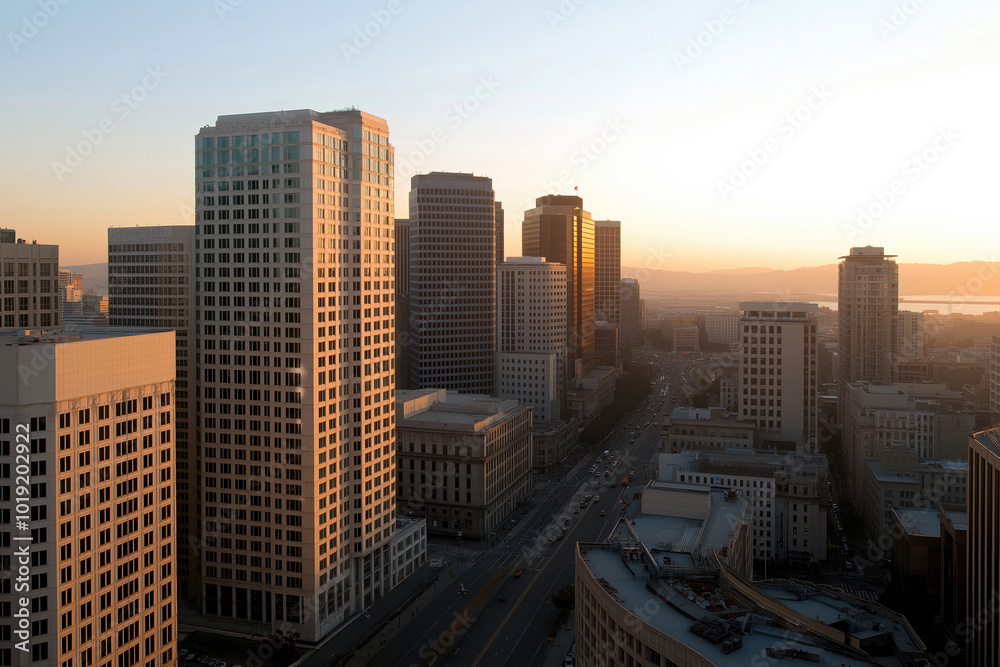Fototapeta premium Sunset skyline with glowing city lights