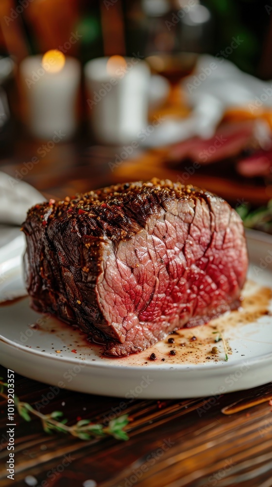 Deliciously roasted beef on a white plate served on a rustic wooden table Deliciously roasted beef on a white plate served on a rustic wooden table