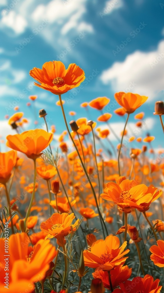 A vibrant field of orange flowers swaying gently under a brilliant blue sky A vibrant field of orange flowers swaying gently under a brilliant blue sky