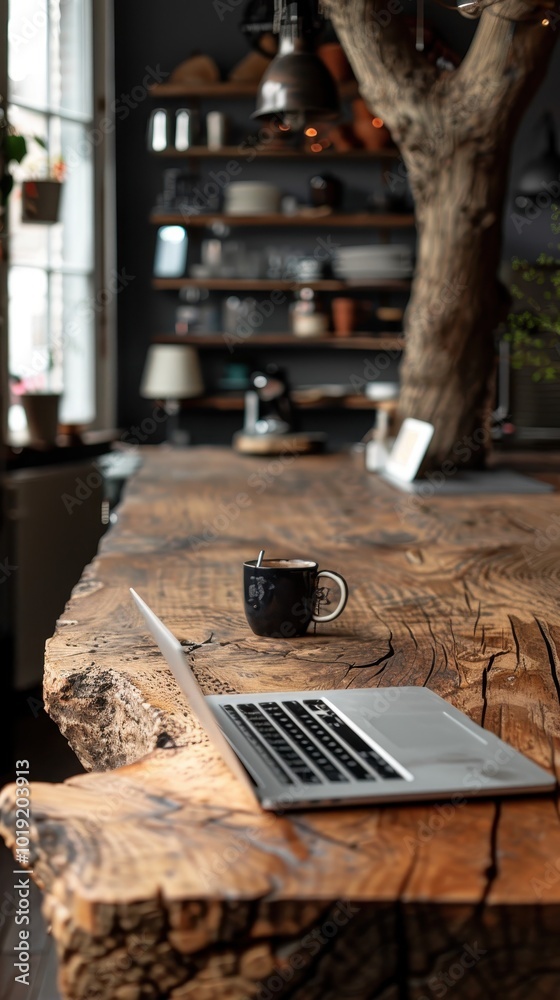 Modern laptop on rustic wooden table with coffee cup in cozy workspace Modern laptop on rustic wooden table with coffee cup in cozy workspace