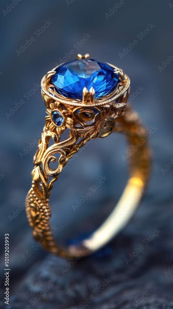 Fototapeta premium Elegant gold ring with a captivating blue stone and intricate band design
