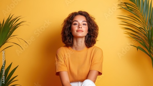 A self-assured woman sits against a vivid yellow background, embodying confidence and cheerfulness, flanked by two green plants enhancing the vibrant setting. photo