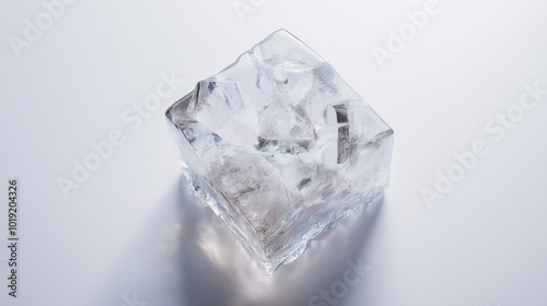 sugar concept image: a single sugar crystal, top down view, a single sugar crystal placed in the center of a white, sterile background