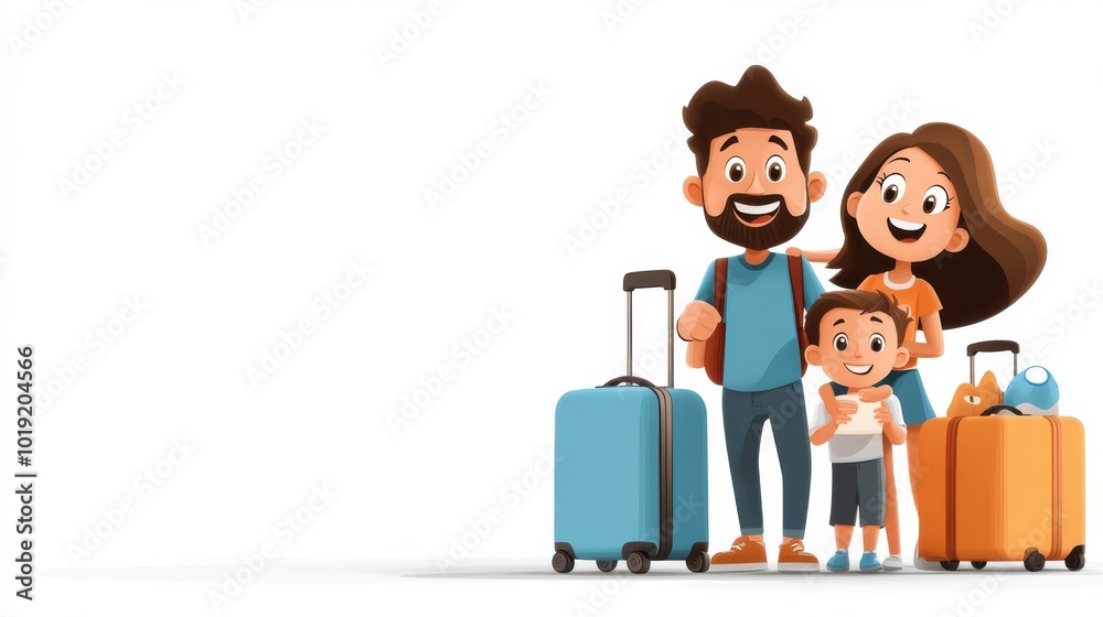 A happy cartoon family of three stands with colorful suitcases, smiling and appearing excited for an impending adventure or vacation together. A happy cartoon family of three stands with colorful suitcases, smiling and appearing excited for an impending adventure or vacation together.