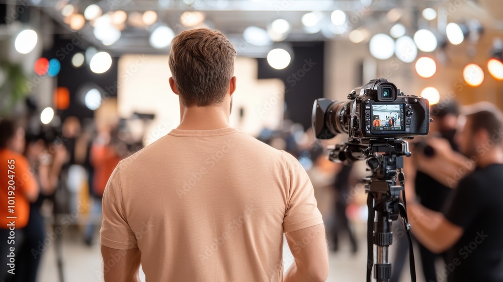 A videographer focuses on capturing a lively scene at an event where guests interact joyfully, emphasizing the energy and vibrant dynamics of social gatherings. A videographer focuses on capturing a lively scene at an event where guests interact joyfully, emphasizing the energy and vibrant dynamics of social gatherings.
