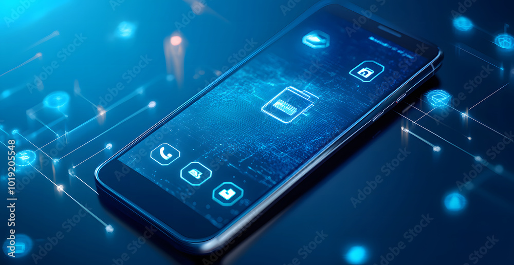 smartphone with creative connected digital business interface with various icons and binary code on a blurry background. Software development, app, global business, and a concept. 3D Rendering design smartphone with creative connected digital business interface with various icons and binary code on a blurry background. Software development, app, global business, and a concept. 3D Rendering design