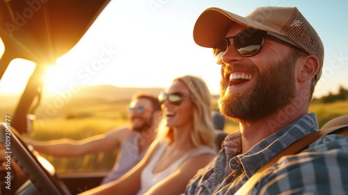 Three friends enjoy a scenic drive through the countryside at sunset, radiating warmth and contentment, capturing the joy of togetherness and adventure on the road. photo