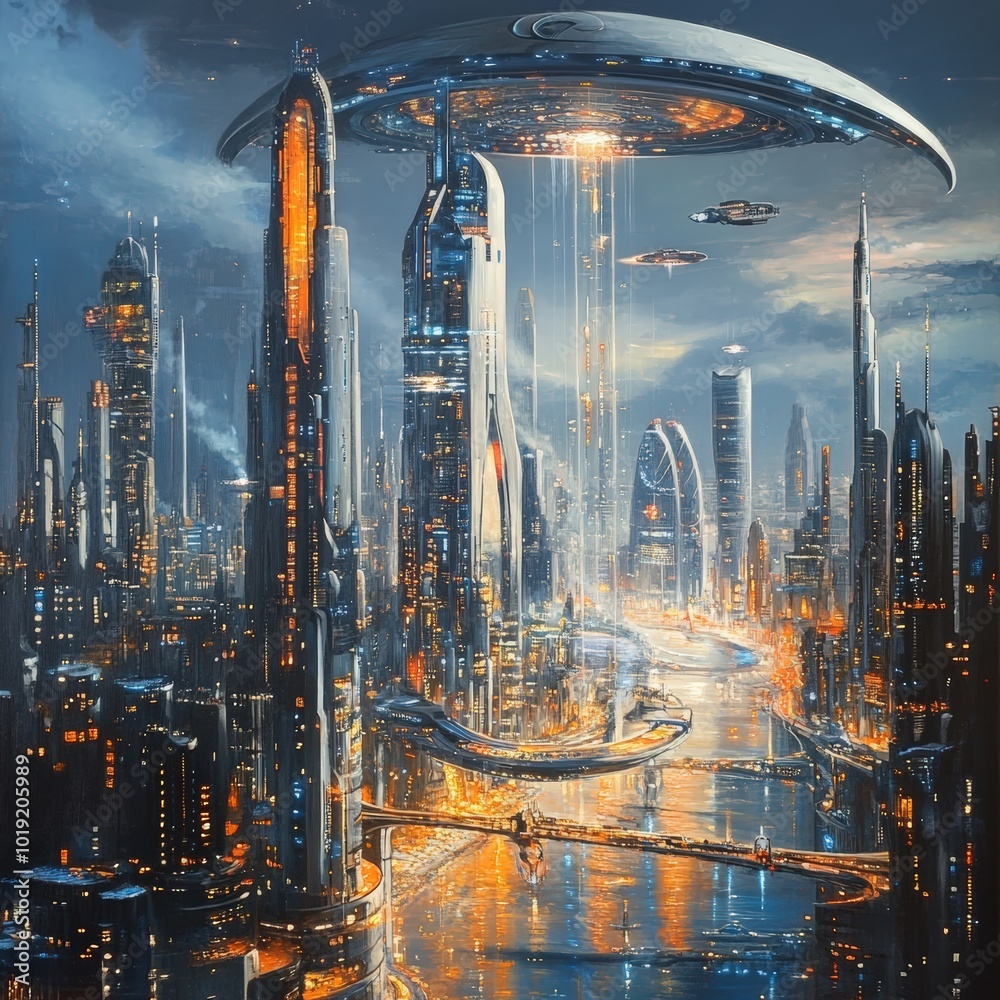 Fototapeta premium Futuristic city with flying saucer and water.