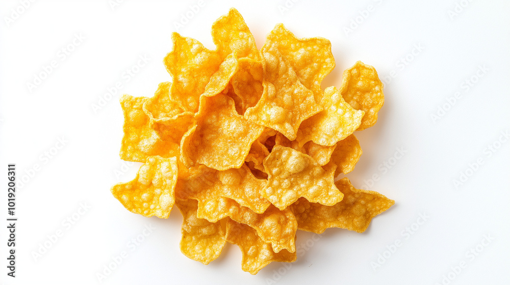 top down view, a single cornflake placed in the center of a white background top down view, a single cornflake placed in the center of a white background