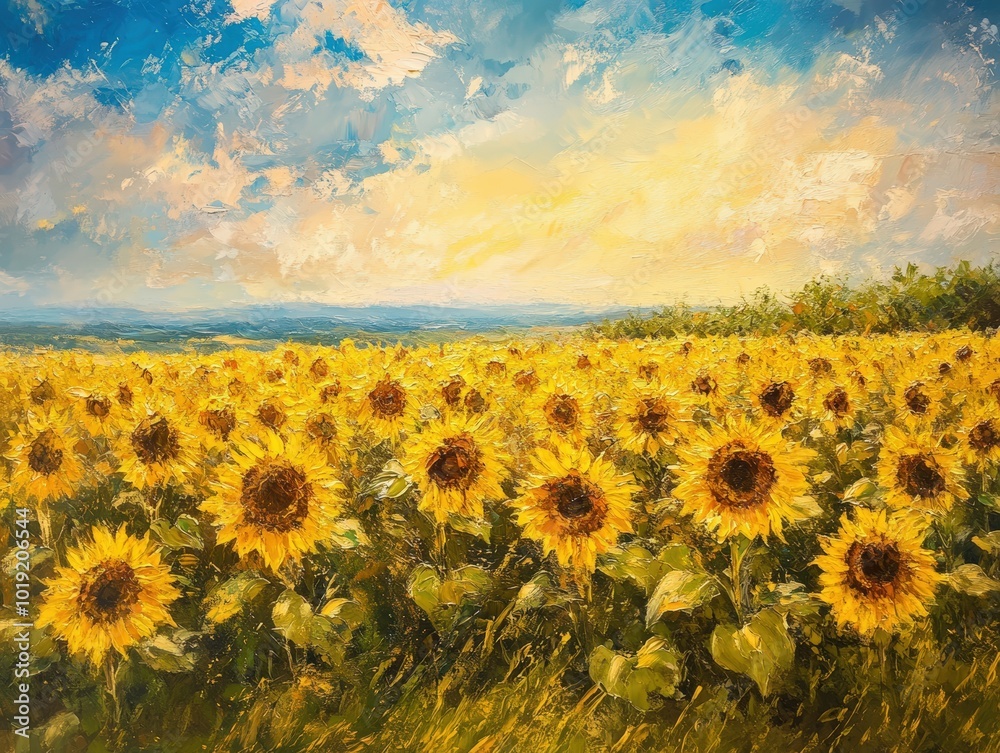 Obraz premium Sunflowers in a field, painted in oil.