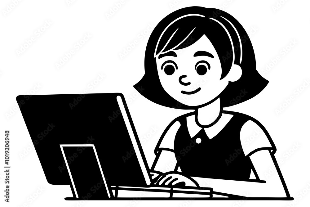 Beautiful girl working on computer vector art illustration Beautiful girl working on computer vector art illustration