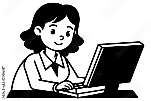 Beautiful girl working on computer vector art illustration