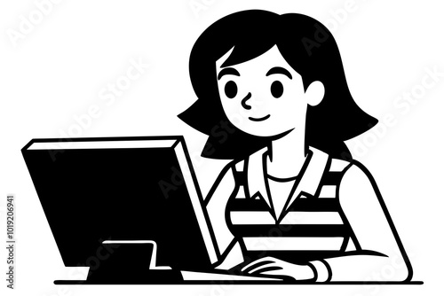 Beautiful girl working on computer vector art illustration