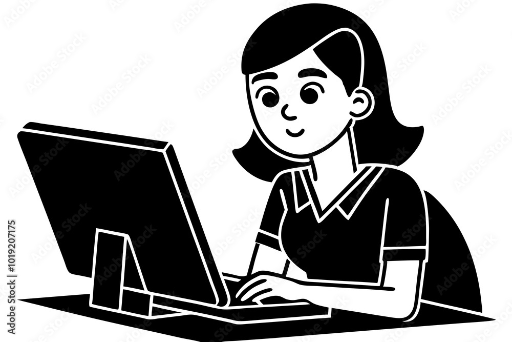 Beautiful girl working on computer vector art illustration Beautiful girl working on computer vector art illustration