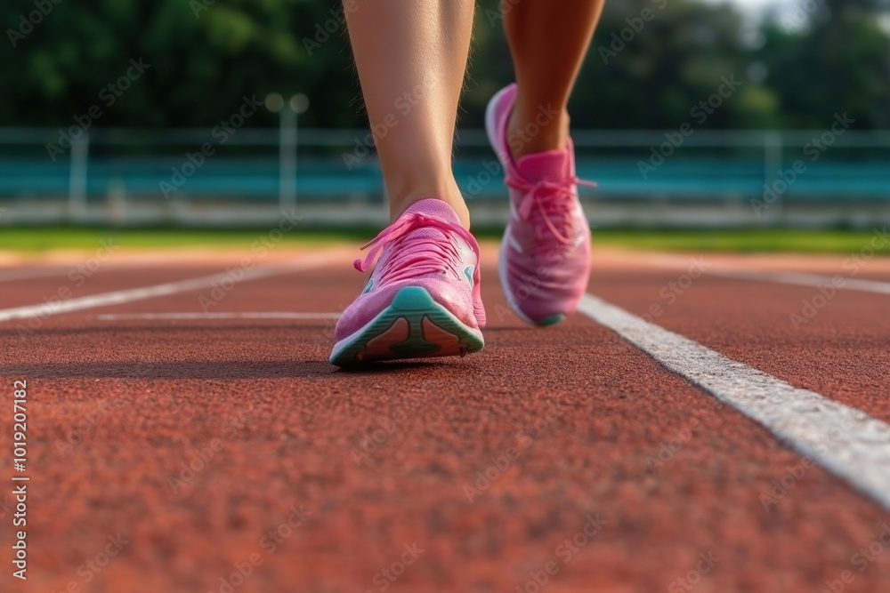 Runner in pink shoes on track in clear daylight Runner in pink shoes on track in clear daylight