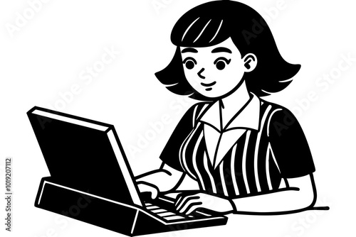 Beautiful girl working on computer  vector art illustration