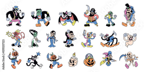 Vector Halloween Retro Cartoon Characters Style Groovy Set Illustration Isolated