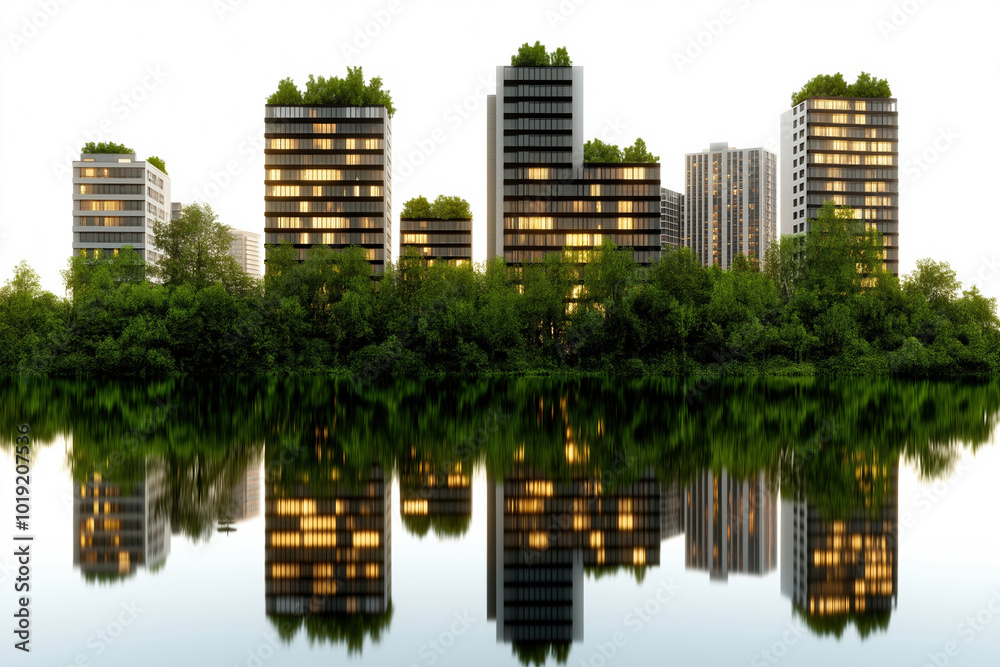 Modern eco-friendly buildings by water at dusk Modern eco-friendly buildings by water at dusk