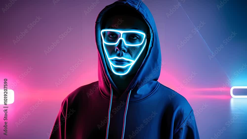 Mysterious Man in Neon Mask with Glowing Outlines Mysterious Man in Neon Mask with Glowing Outlines