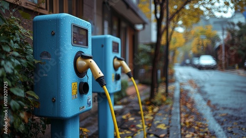 Electric vehicle charging stations along a city street in autumn