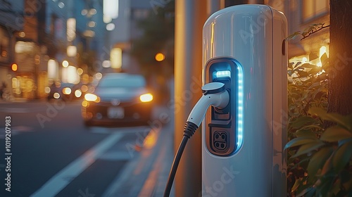 Electric car charging at a public station at night in a modern city