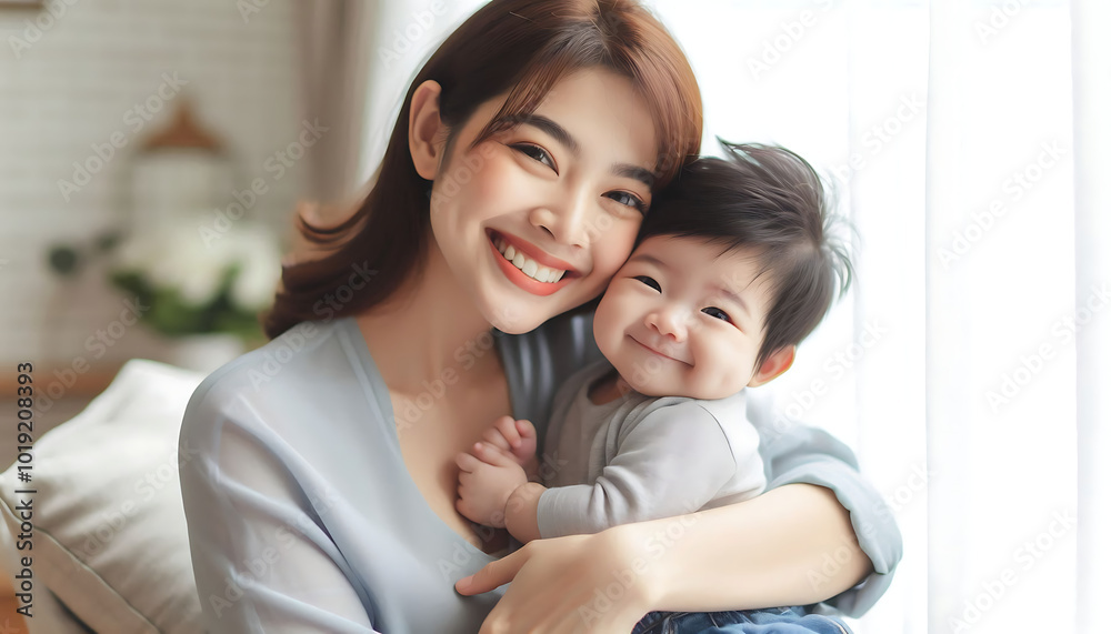 A loving mother joyfully holding her child, capturing the essence of family and happiness A loving mother joyfully holding her child, capturing the essence of family and happiness