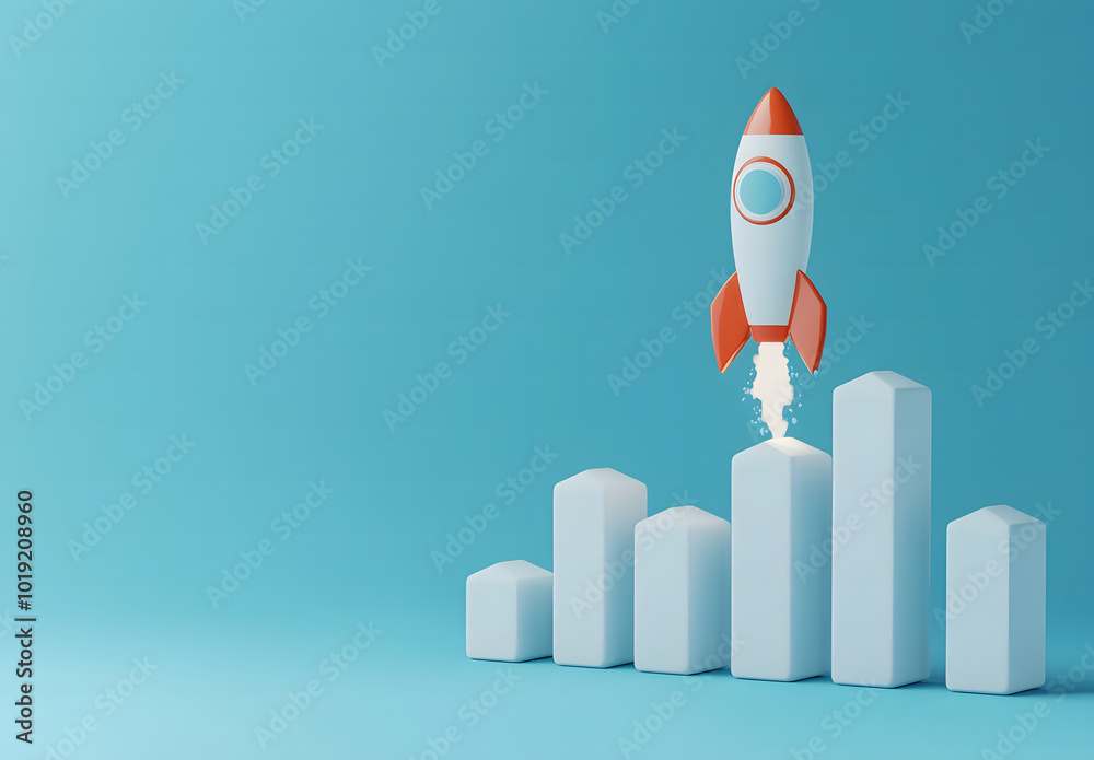 Startup and new project concept with white rocket flying up with dotted trajectory above light growth graph on blue background design. 3D rendering design Startup and new project concept with white rocket flying up with dotted trajectory above light growth graph on blue background design. 3D rendering design
