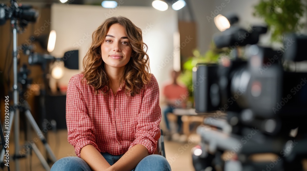 Fototapeta premium A woman with curly hair sits confidently in a studio filled with camera equipment, exuding a professional and poised aura, ready for a photography session.