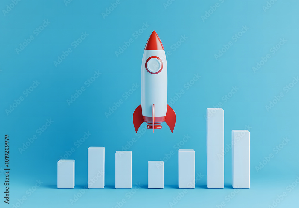 Startup and new project concept with white rocket flying up with dotted ...