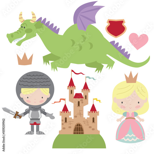 Medieval fairy tale princess, knight and green dragon vector cartoon illustration