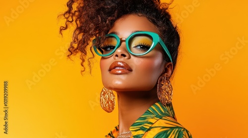 A fashionable woman with curly hair wearing turquoise glasses, statement earrings, and bold makeup poses against a bright orange background, exuding confidence and style.