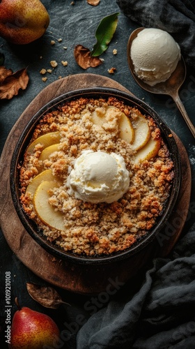 Vertical format, Delicious pear crisp dessert topped with creamy vanilla ice cream served in a rustic dish on a dark textured background