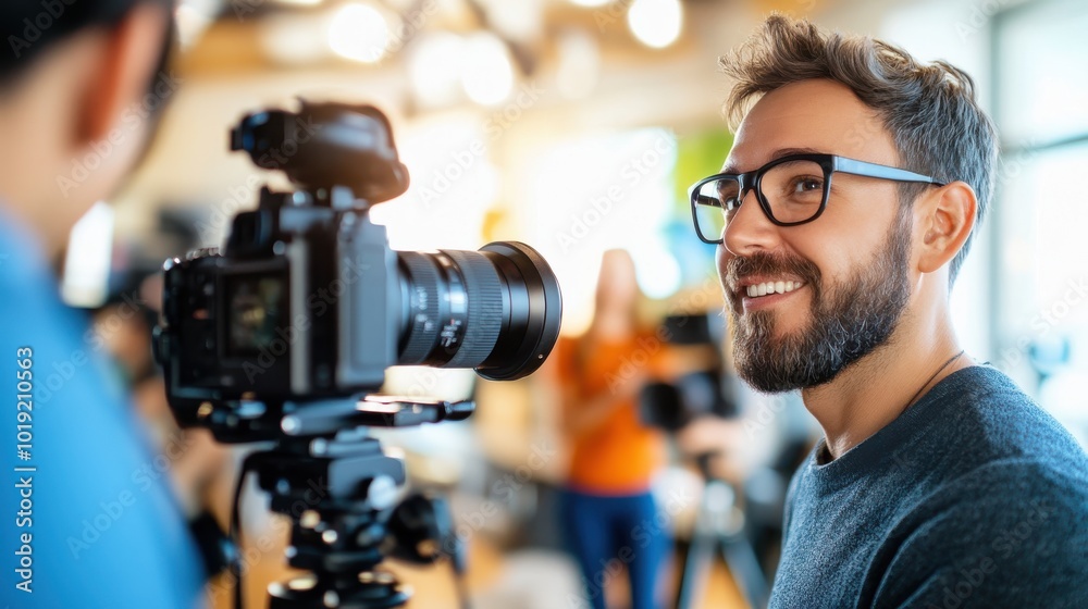 A cheerful man with glasses faces a camera, capturing lively moments in a bright setting, illustrating a blend of technology and human engagement in action. A cheerful man with glasses faces a camera, capturing lively moments in a bright setting, illustrating a blend of technology and human engagement in action.