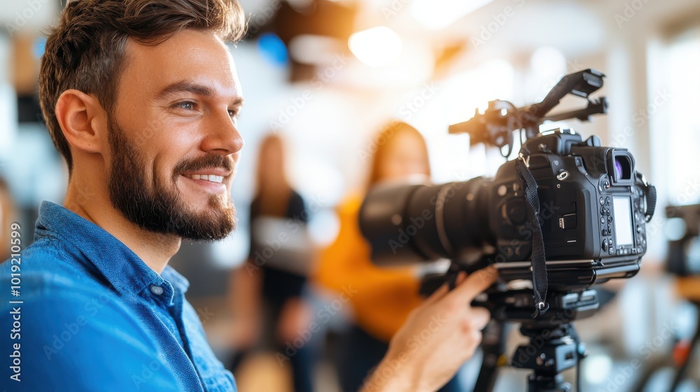A smiling man dressed casually operates a professional camera in an indoor setting, with blurred activity in the background, suggesting a bustling workspace. A smiling man dressed casually operates a professional camera in an indoor setting, with blurred activity in the background, suggesting a bustling workspace.