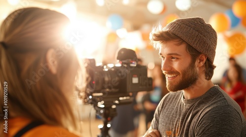 A bearded young man wears a beanie while directing a camera at a lively indoor event filled with energy and social interaction amid colorful decorations. photo