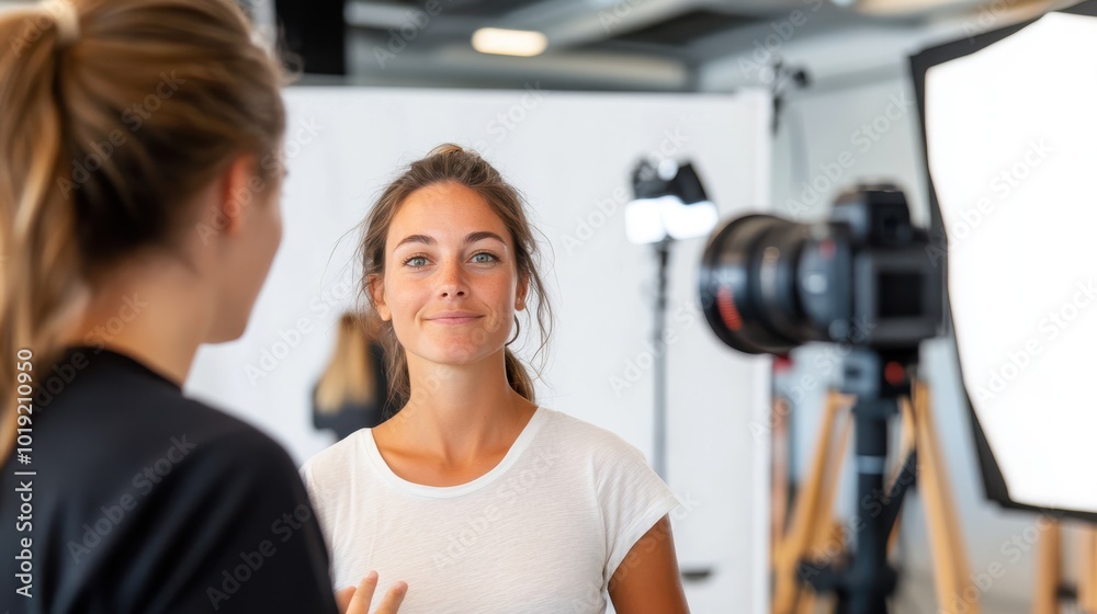 A professional photographer captures a woman with studio lighting and a blurred background, indicating a photoshoot setting. A professional photographer captures a woman with studio lighting and a blurred background, indicating a photoshoot setting.