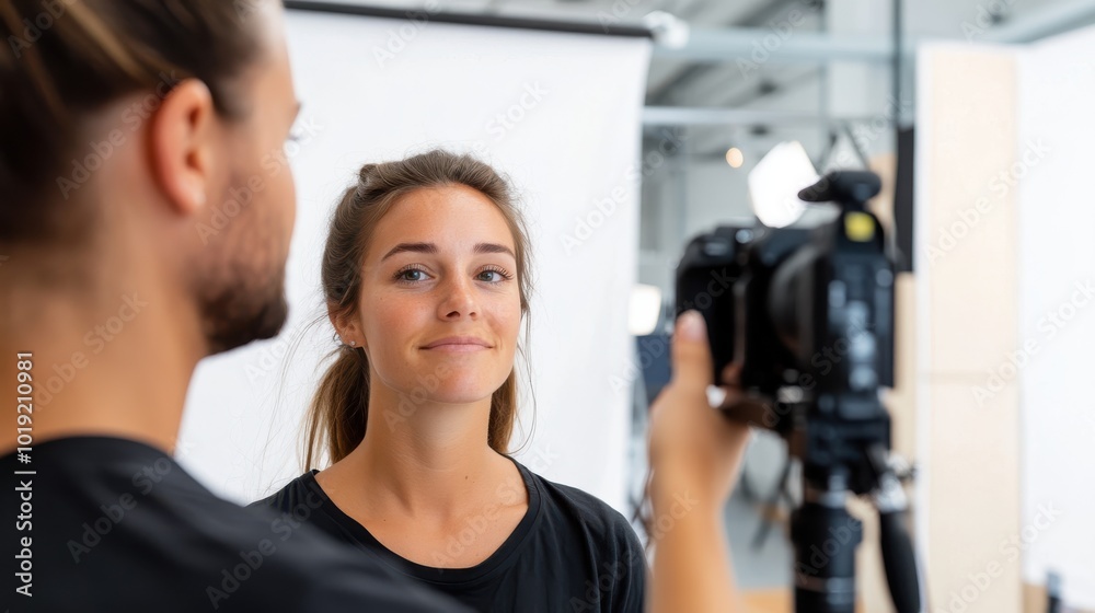 A confident woman stands facing the camera while a photographer adjusts settings in a well-lit indoor studio environment for a professional photoshoot. A confident woman stands facing the camera while a photographer adjusts settings in a well-lit indoor studio environment for a professional photoshoot.