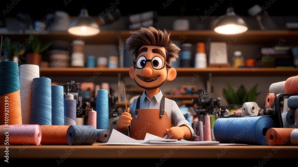 A cheerful animated character with glasses and an apron in a colorful workshop, surrounded by sewing tools, symbolizing creativity and joy in craftsmanship. A cheerful animated character with glasses and an apron in a colorful workshop, surrounded by sewing tools, symbolizing creativity and joy in craftsmanship.
