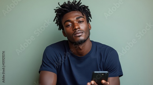 Young Black man holding a smartphone and gazing into the camera with a neutral expression