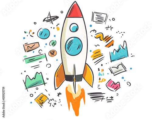 Hand-Drawn Rocket Launching with Creative Business Doodles