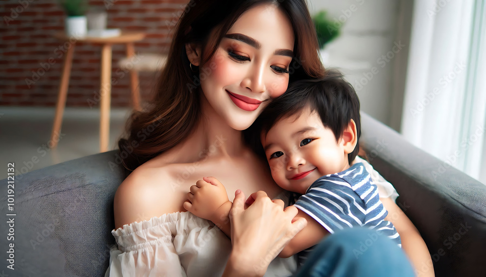 A loving mother and her child share a joyful moment together at home on the sofa, surrounded by happiness and warmth A loving mother and her child share a joyful moment together at home on the sofa, surrounded by happiness and warmth