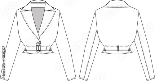 long sleeve collared belted buttoned slouchy loose cropped crop jacket trenchcoat outerwear coat template technical drawing flat sketch cad mockup fashion woman design style model

