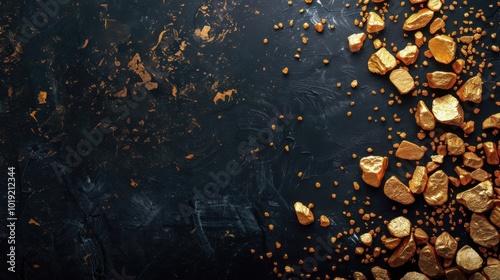The raw beauty of gold nuggets laid flat on a dark background, sparkling surfaces.Top view. Flat lay. Copyspace