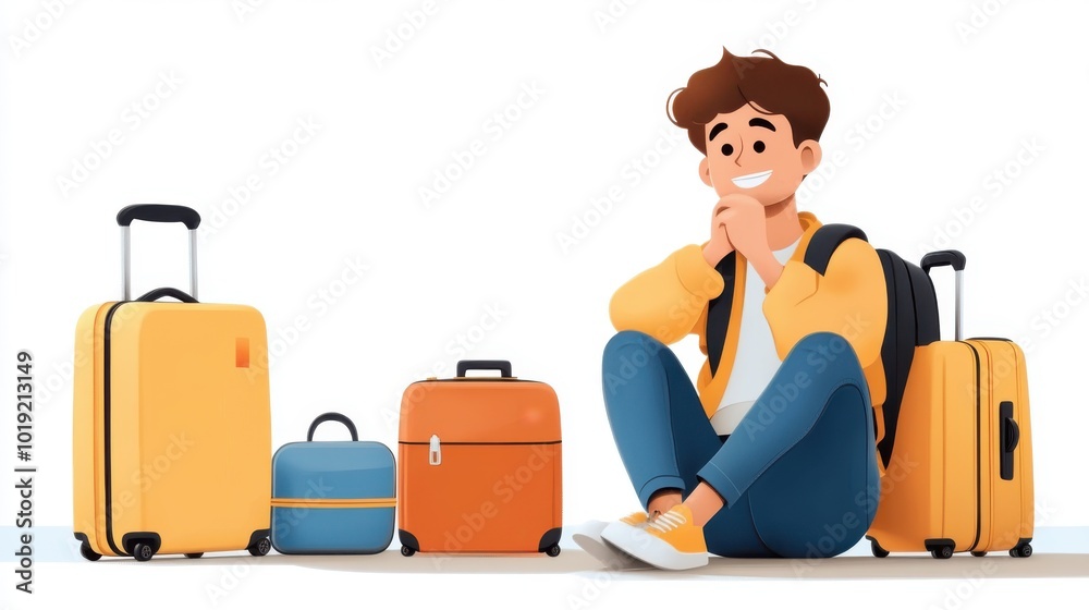 A cheerful cartoon character sits among multiple colorful luggage pieces. The bright scene captures the excitement and anticipation of travel and exploration. A cheerful cartoon character sits among multiple colorful luggage pieces. The bright scene captures the excitement and anticipation of travel and exploration.