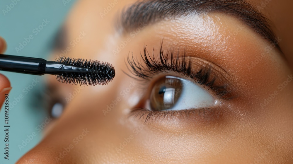Naklejka premium Detailed close-up of a person applying mascara to their long eyelashes, highlighting the intricacy and precision involved in beauty routines.